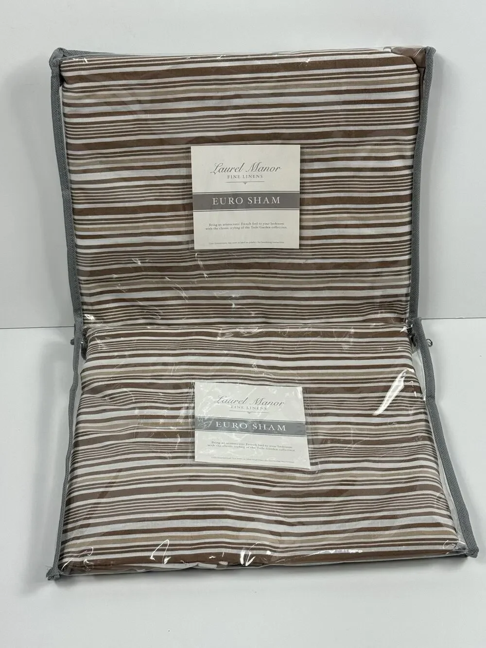 New Set of 2 Laurel Manor Fine Linens Toile Garden Taupe Brown Stripe Euro Sham
